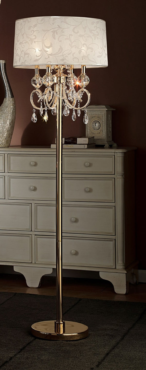 HomeRoots 63" Gold And White Crystal Candelabra Floor Lamp - Elegant Four-Light Design with Fabric Shade 431811