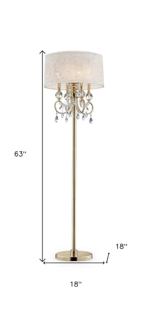 HomeRoots 63" Gold And White Crystal Candelabra Floor Lamp - Elegant Four-Light Design with Fabric Shade 431811