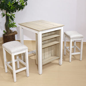English Elm 3 Piece Counter Height Dining Set with Shelving Cushioned Stools Modern Farmhouse Kitchen Ameican White Oak,Ancient White W2537P369837
