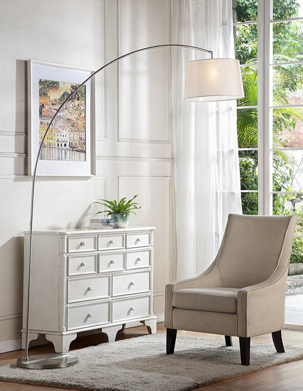 Homeroots 85" White Adjustable Arched Floor Lamp With White Drum Shade Silver Metal 431822