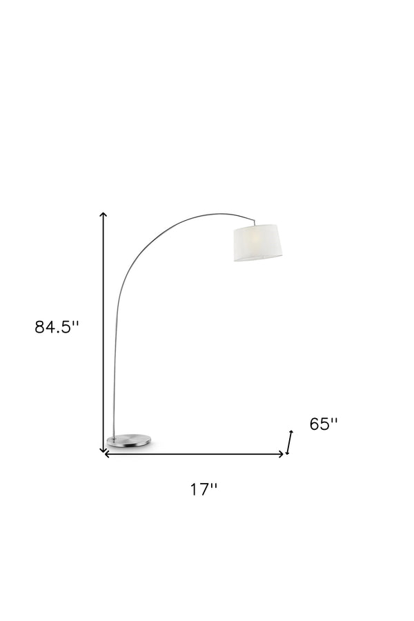 Homeroots 85" White Adjustable Arched Floor Lamp With White Drum Shade Silver Metal 431822