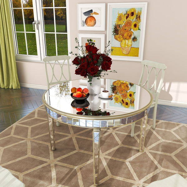 English Elm 47.24" Round Glass Dining Table with Mirror Top Silver Vintage Gold Geometric Frame Elegant Centerpiece W3207P285434