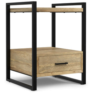 English Elm Riverside Handcrafted Mango Wood Bedside Table with Black Metal Frame, Drawer & Open Storage — Natural Finish B136P203433