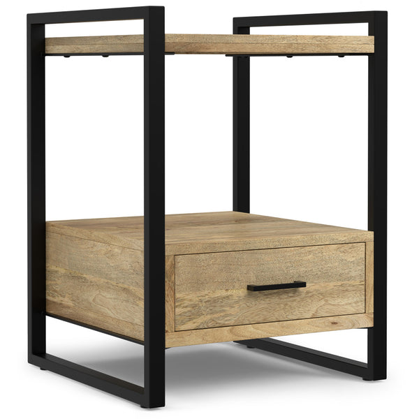 English Elm Riverside Handcrafted Mango Wood Bedside Table with Black Metal Frame, Drawer & Open Storage — Natural Finish B136P203433