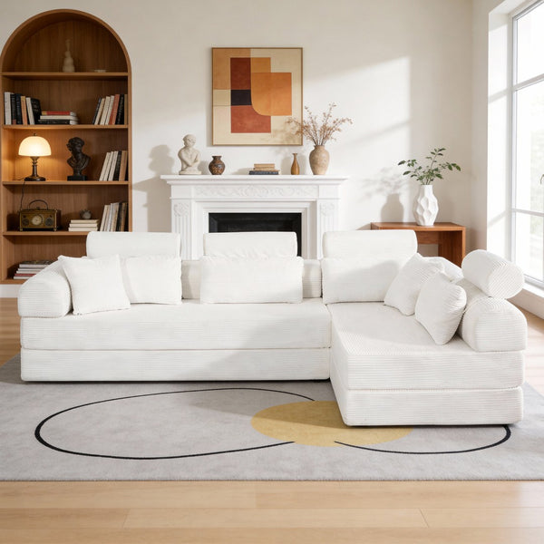 English Elm L Shaped Corduroy Sectional Sofa Converts to Sleeper Bed Space Saving Modular Couch Beige W5532S00002