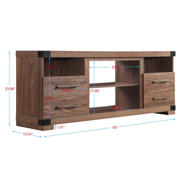 English Elm Richmond 60" TV Stand with Steel Corner Plates, Full-Extension Drawers & Cable Management in Textured Finish Brown B365P398321
