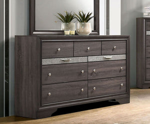 English Elm Gray Glam Dresser w Mirror Set — 63" Shiny Silver-Trim Jewelry Drawer, Dovetail Craft, Round Knobs B2741S00552