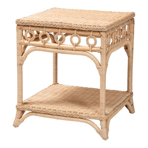 English Elm Bohemian Hand-woven Rattan Round End Table with Open Geometric Base for Living Rooms B2750P467842