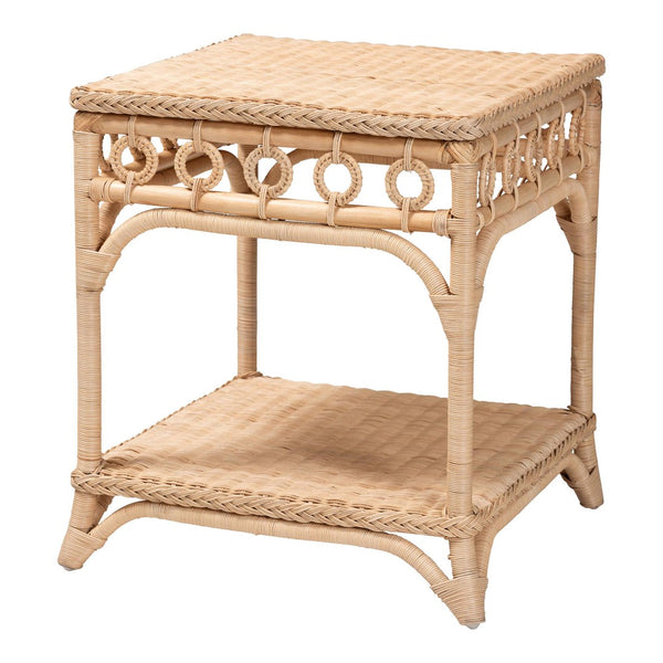 English Elm Bohemian Hand-woven Rattan Round End Table with Open Geometric Base for Living Rooms B2750P467842