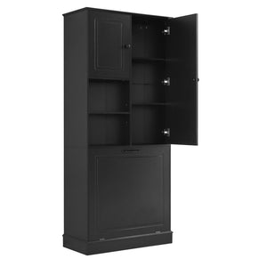 English Elm Tall Storage Cabinet with Flip-Out Basket, Adjustable Shelves & Aluminum Handles for Organized Living Black N725P322739B
