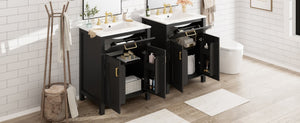 English Elm Modern 48 Inch Freestanding Bathroom Vanity Dual Ceramic Sinks Soft Close Gold Handles Black N729P000008B