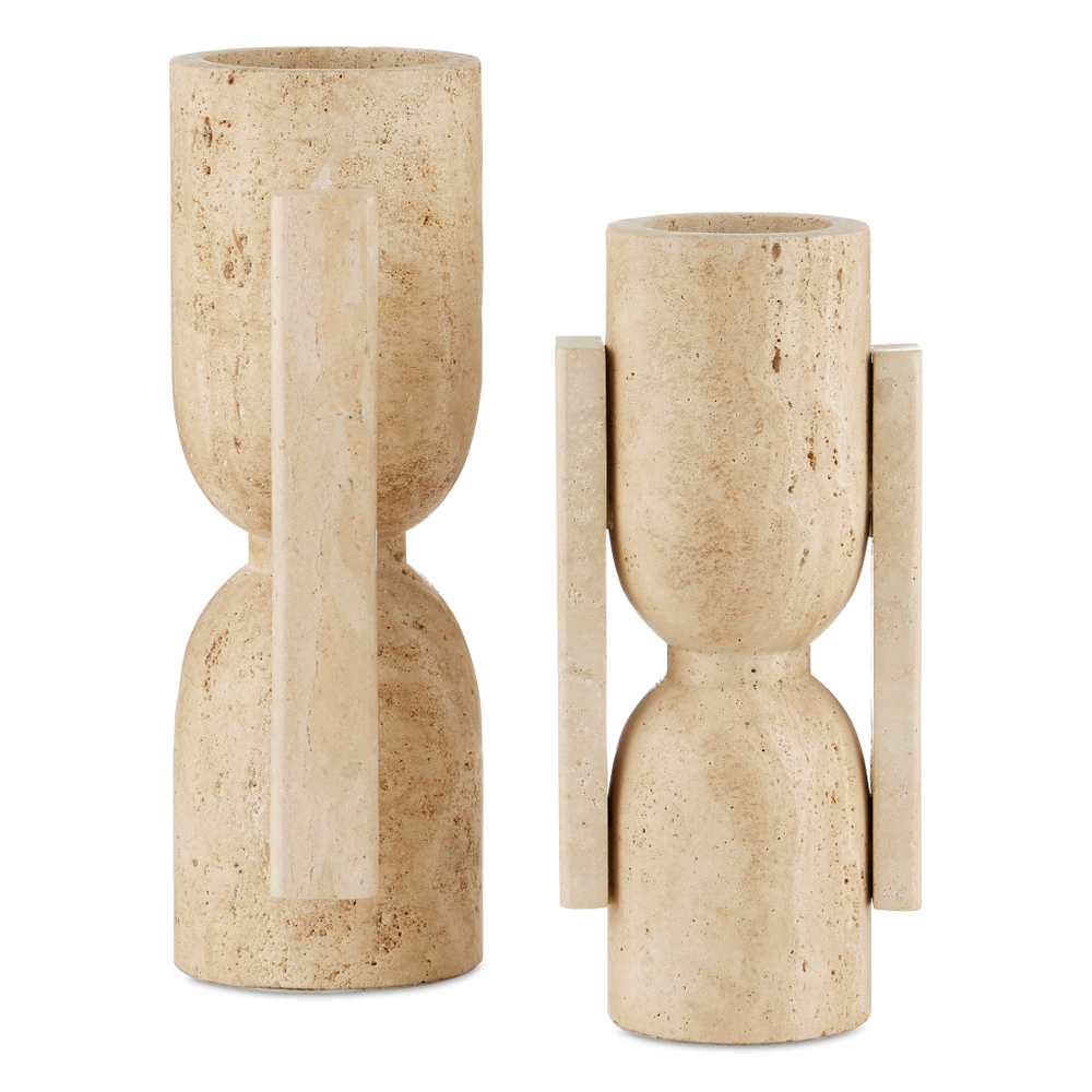 Stone Vase Set of 2 - Hand-Carved Modern Brutalist Sculptures in Natural Travertine Finish