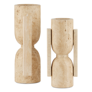 Stone Vase Set of 2 - Hand-Carved Modern Brutalist Sculptures in Natural Travertine Finish
