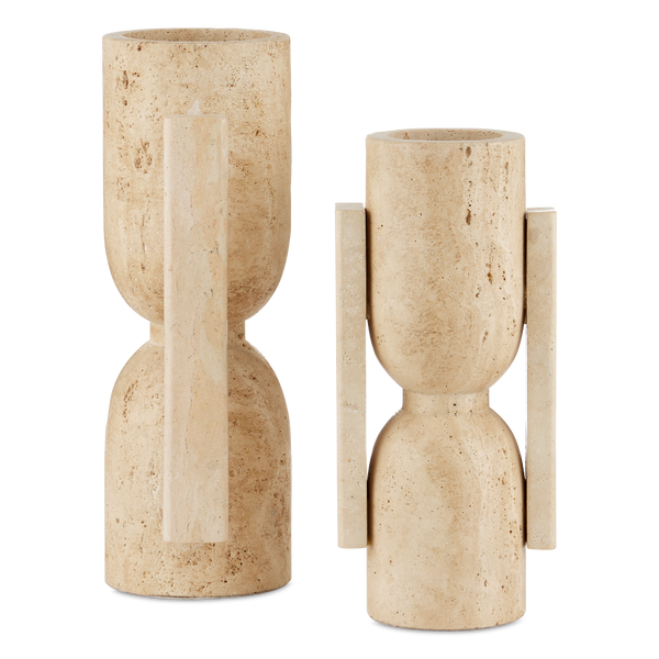 Stone Vase Set of 2 - Hand-Carved Modern Brutalist Sculptures in Natural Travertine Finish
