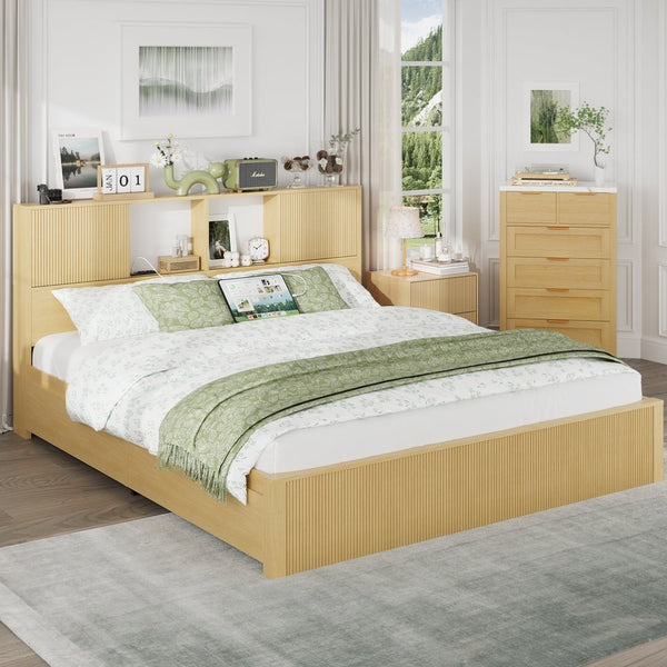 English Elm Queen Storage Bed Oak Finish Sliding Barn Door Headboard with Built-in Charging T3773P417198