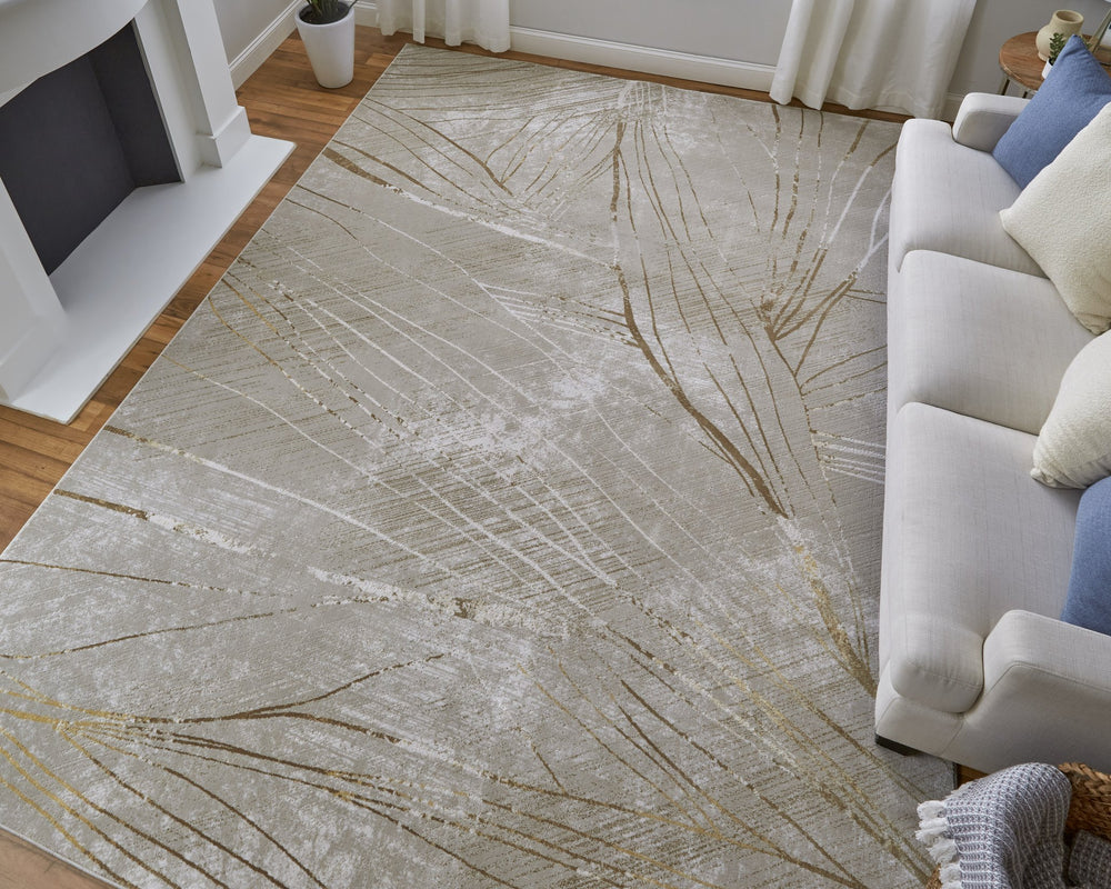 Feizy Rugs Waldor Modern Abstract Floral High-low Pile Rug In Gold, Ivory, And Gray For Elegant Home Decor Taupe,Brown,Silver Polypropylene,Polyester 73539nbfivybgee10