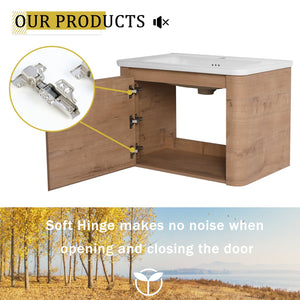 English Elm 68'' Wall-Mounted Bathroom Vanity with White Ceramic Sink, Plywood Shelves, Soft-Close Door Elegance W999S00382