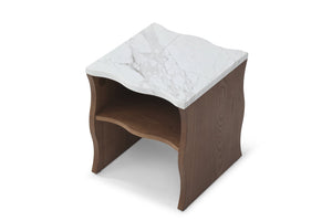 English Elm 2ps, Sculptural Faux Marble End Tables with Open Shelf for Modern Living Rooms Walnut Brown W2664S00073