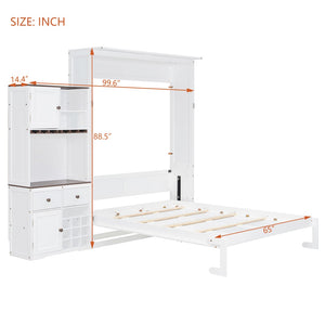 English Elm Queen Murphy Bed with Wine Rack Glass Holder Led Lighting and Cabinet White White LP000391AAK
