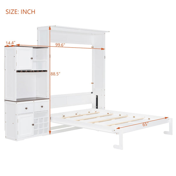 English Elm Queen Murphy Bed with Wine Rack Glass Holder Led Lighting and Cabinet White White LP000391AAK