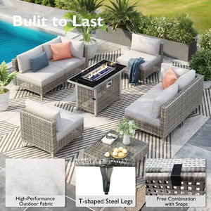 English Elm K&K 8-Piece Patio Conversation Set with 43" 60,000 BTU Propane Fire Pit, UV Wicker & Thick Cushions Grey N707S000012G