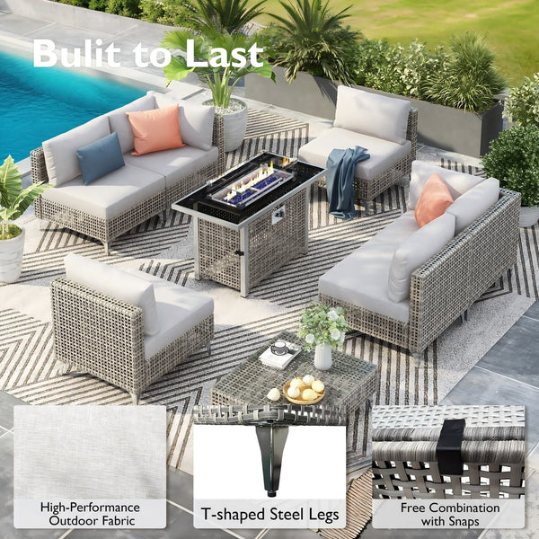 English Elm K&K 8-Piece Patio Conversation Set with 43" 60,000 BTU Propane Fire Pit, UV Wicker & Thick Cushions Grey N707S000012G