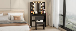 English Elm Makeup Vanity with Hollywood Bulbs Fluted Mdf Dressing Table Glam Storage Stool N704P340251B
