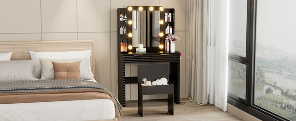English Elm Makeup Vanity with Hollywood Bulbs Fluted Mdf Dressing Table Glam Storage Stool N704P340251B