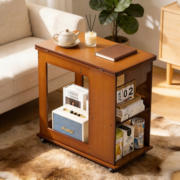 English Elm Bamboo Folding Side Table with Integrated Storage for Bedroom or Sofa Spaces W2641P454908