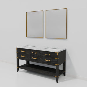 English Elm Black Oak Double Bath Vanity With Carrara Marble Top, Dual Mirrors & Ample Storage For Elegance B2731S02161