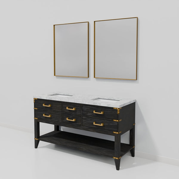 English Elm Black Oak Double Bath Vanity With Carrara Marble Top, Dual Mirrors & Ample Storage For Elegance B2731S02161