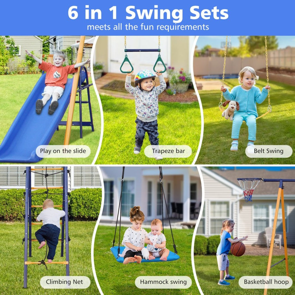 English Elm 500 Lb Outdoor Kids Swing Set with Slide Climbing Net Rings and Basketball Hoop W1408S00001