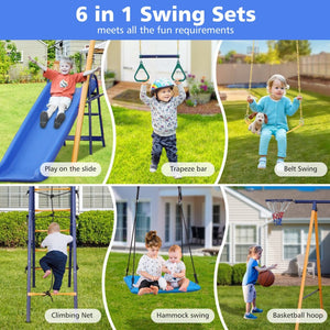 English Elm 500 Lb Outdoor Kids Swing Set with Slide Climbing Net Rings and Basketball Hoop W1408S00001