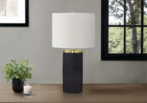 English Elm Lighting, Sleek 24" Table Lamp with Ribbed Black Concrete Base, Gold Accents & Ivory Linen Drum Shade — Modern Ambiance, 3-Way B2710P220126