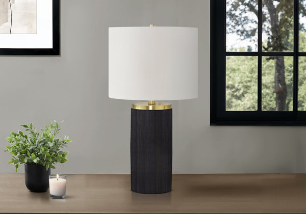 English Elm Lighting, Sleek 24" Table Lamp with Ribbed Black Concrete Base, Gold Accents & Ivory Linen Drum Shade — Modern Ambiance, 3-Way B2710P220126