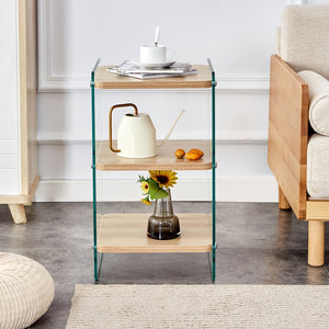 English Elm Three Triple-Layer Bedside Table with MDF Top & Tempered Glass Legs, Storage, Minimalist Warmth W1512P387008