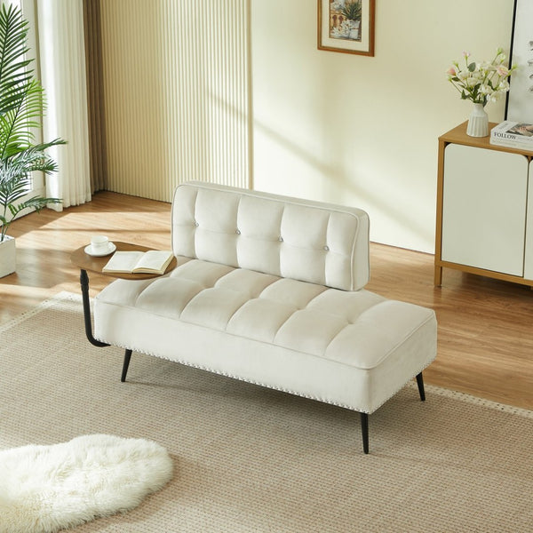 English Elm 54-inch Velvet Tufted Loveseat with Rotating Tray Table Nailhead Trim Compact Seating Beige W1359P438328