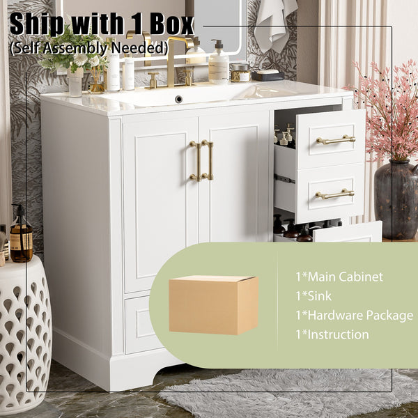 English Elm 36" Traditional Bathroom Vanity with Ceramic Sink, Solid Wood Cabinet, Soft-Close Doors & Drawers White N729P251630K