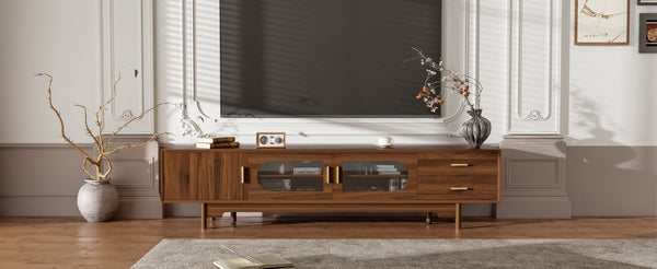 English Elm 78inch Walnut Entertainment Center Fluted Glass Solid Wood Legs Modern Living Room N710P362203P