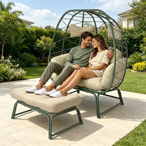 English Elm Double Egg Wicker Lounge Chair with Ottoman Bohemian Pe Rattan Outdoor Patio Seat T5880P501485