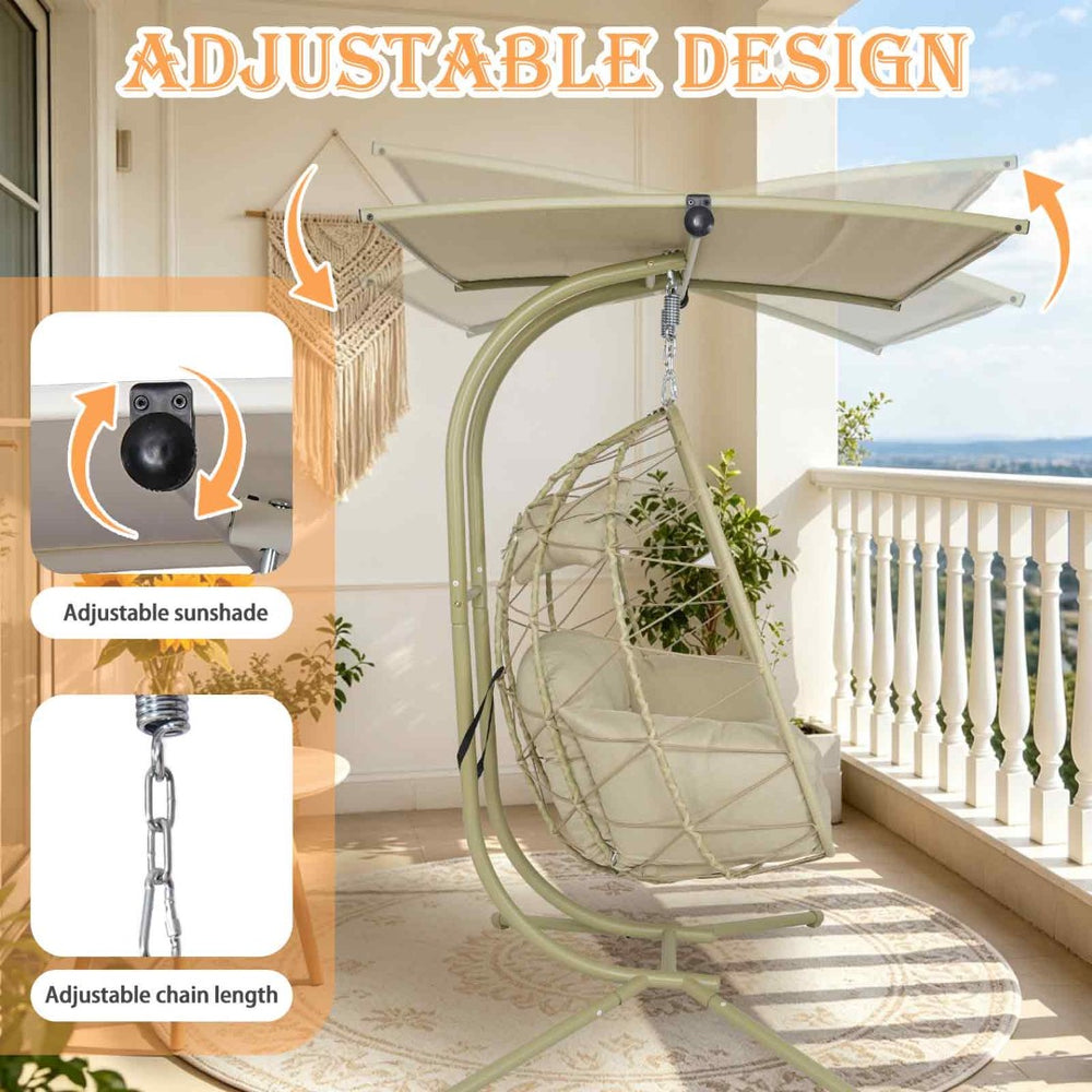 English Elm 2-person Wicker Egg Hanging Chair with Canopy Steel Stand Outdoor Patio Swing T5880P502248