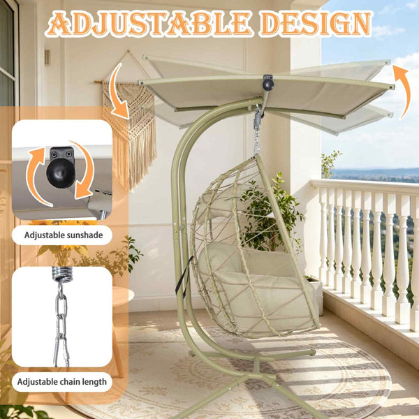 English Elm 2-person Wicker Egg Hanging Chair with Canopy Steel Stand Outdoor Patio Swing T5880P502248