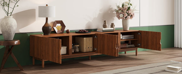 English Elm 87- Inch Rattan Media Console with Rubberwood Legs Four Cabinets Living Room N710P407809P