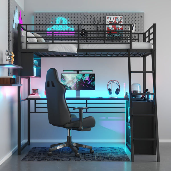 English Elm Twin Metal Loft Bed with LED Desk & 4 Shelves, Black — Sturdy Metal/Wood Frame, Space-Saving Design GX000652AAB