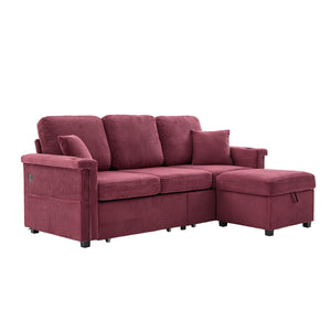 English Elm UNITED Corduroy L-Shaped Sectional Sofa with Storage Ottoman, USB Ports, Cup Holders & LED Lighting WINE RED W1568P332410