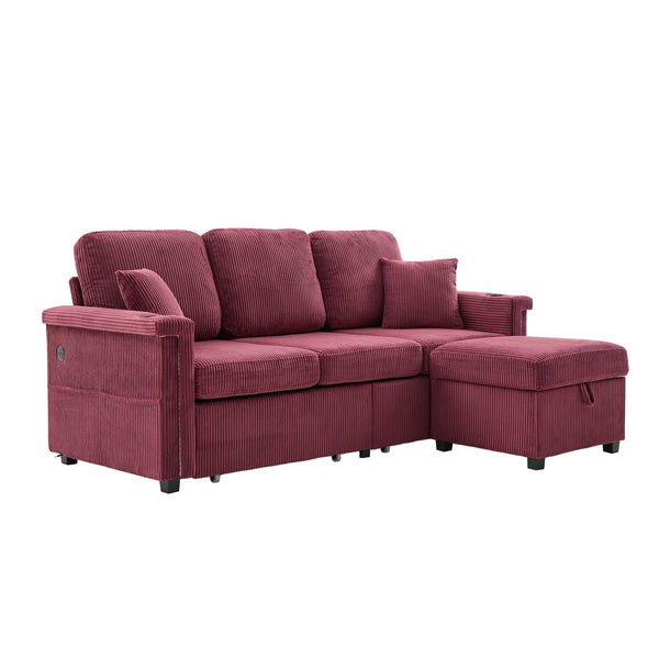 English Elm UNITED Corduroy L-Shaped Sectional Sofa with Storage Ottoman, USB Ports, Cup Holders & LED Lighting WINE RED W1568P332410