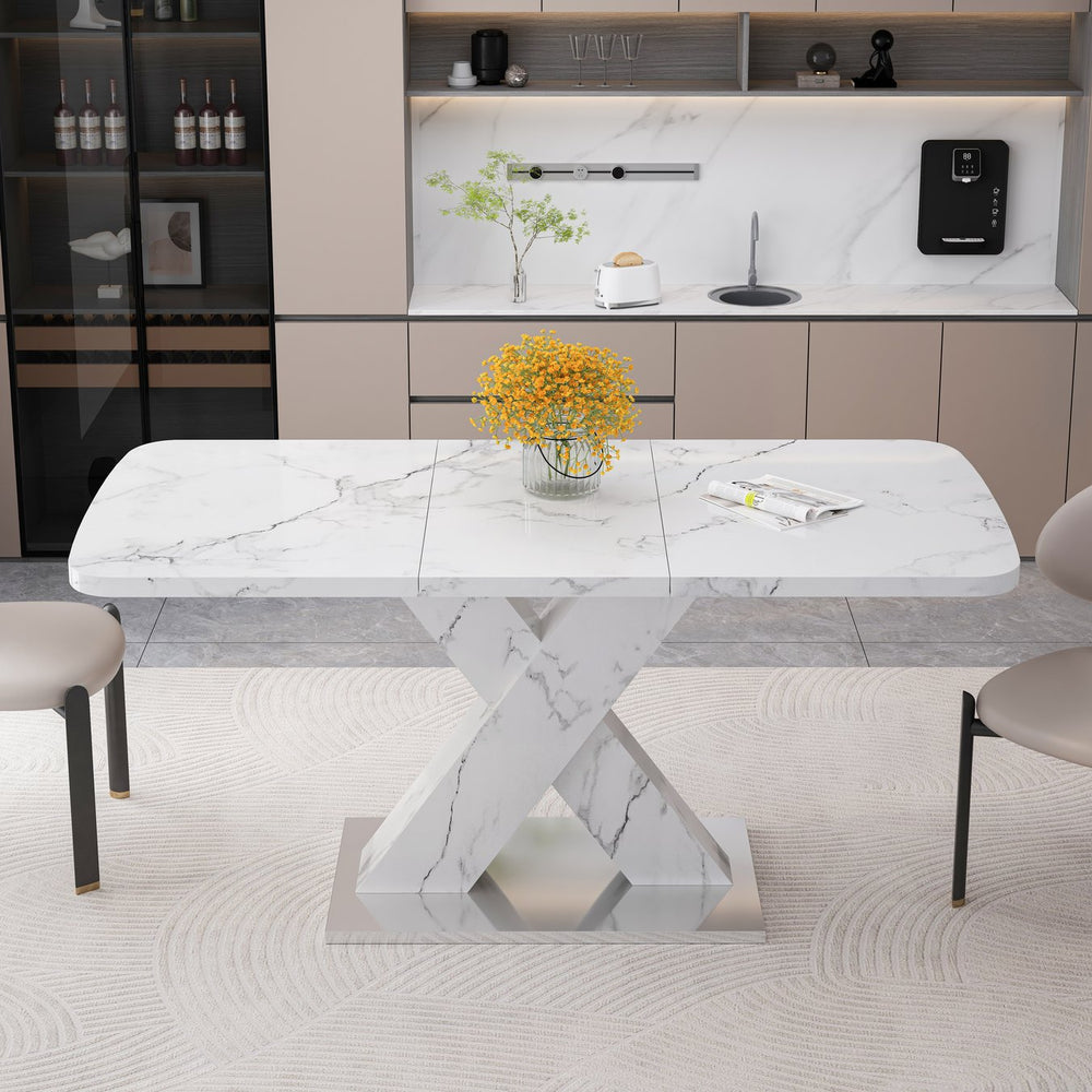 English Elm Modern Extendable Rectangle Dining Table With Elegant White Marble Top & Sturdy Metal Base Design W757P242761