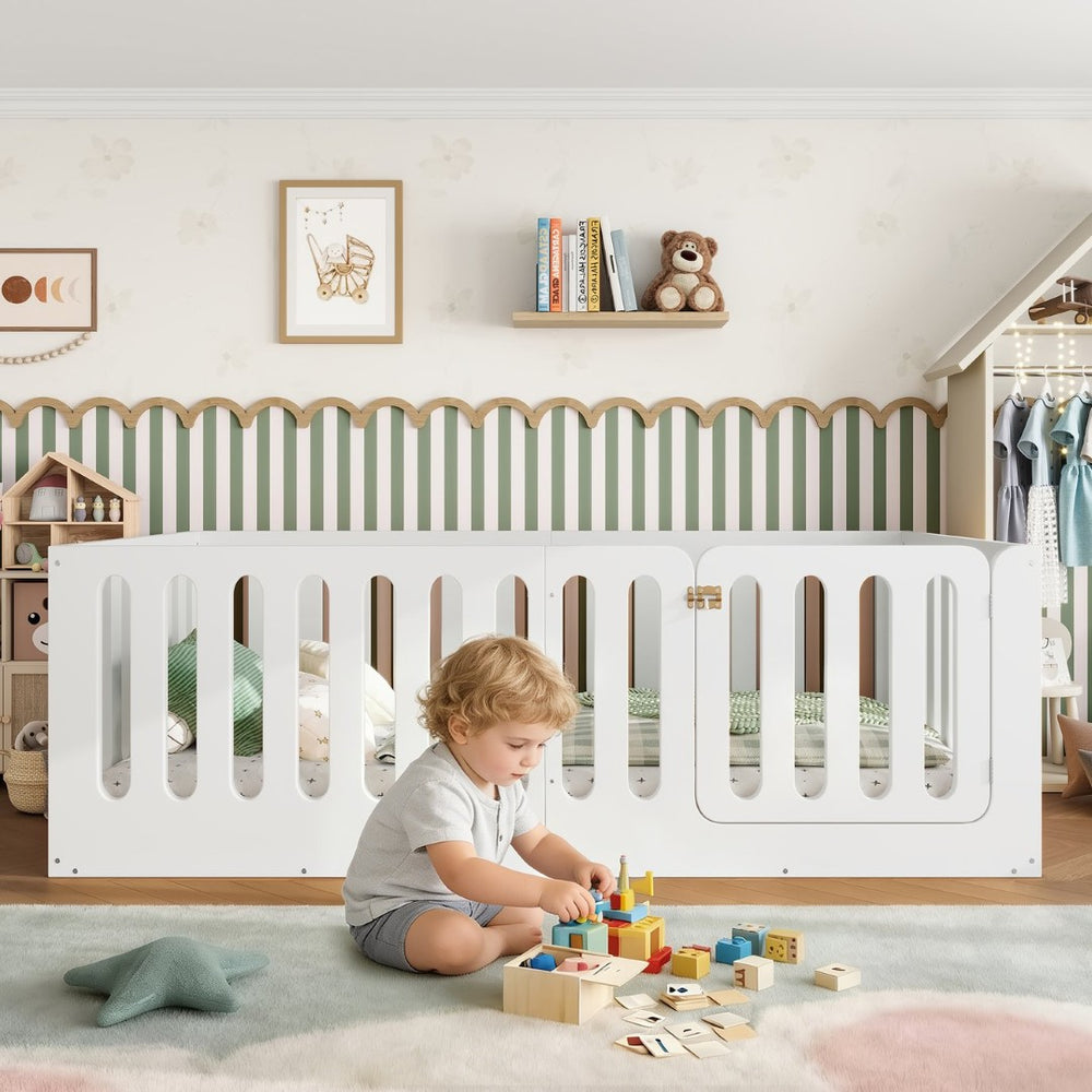 English Elm Twin Solid Pine Montessori Floor Bed with House Frame Door and Safety Fence Light White W5305P420632