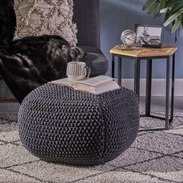 English Elm Hollis Chunky Knit Cotton Cube Pouf Handcrafted Footrest for Living Room or Bedroom 62659.00DGRY