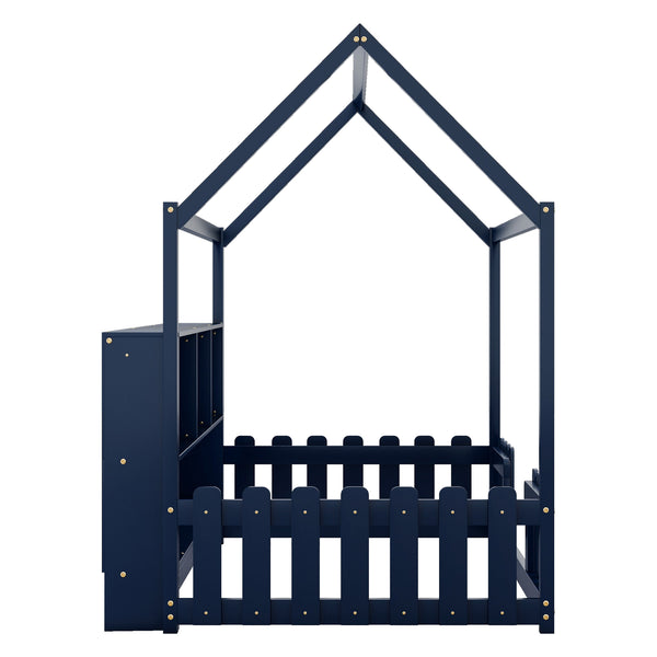 English Elm Twin House Bed with LED Light and Built-In Bookshelf, Solid Wood Playhouse Design for Kids Safety Navy Blue 78.15 L x 15.75 W x 6.1 H W2593P269090